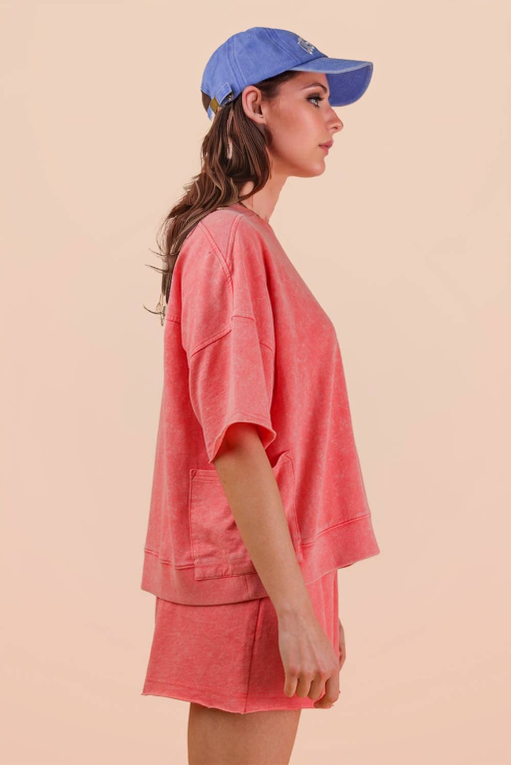 Mineral Washed Knit Casual Top & Shorts Coral