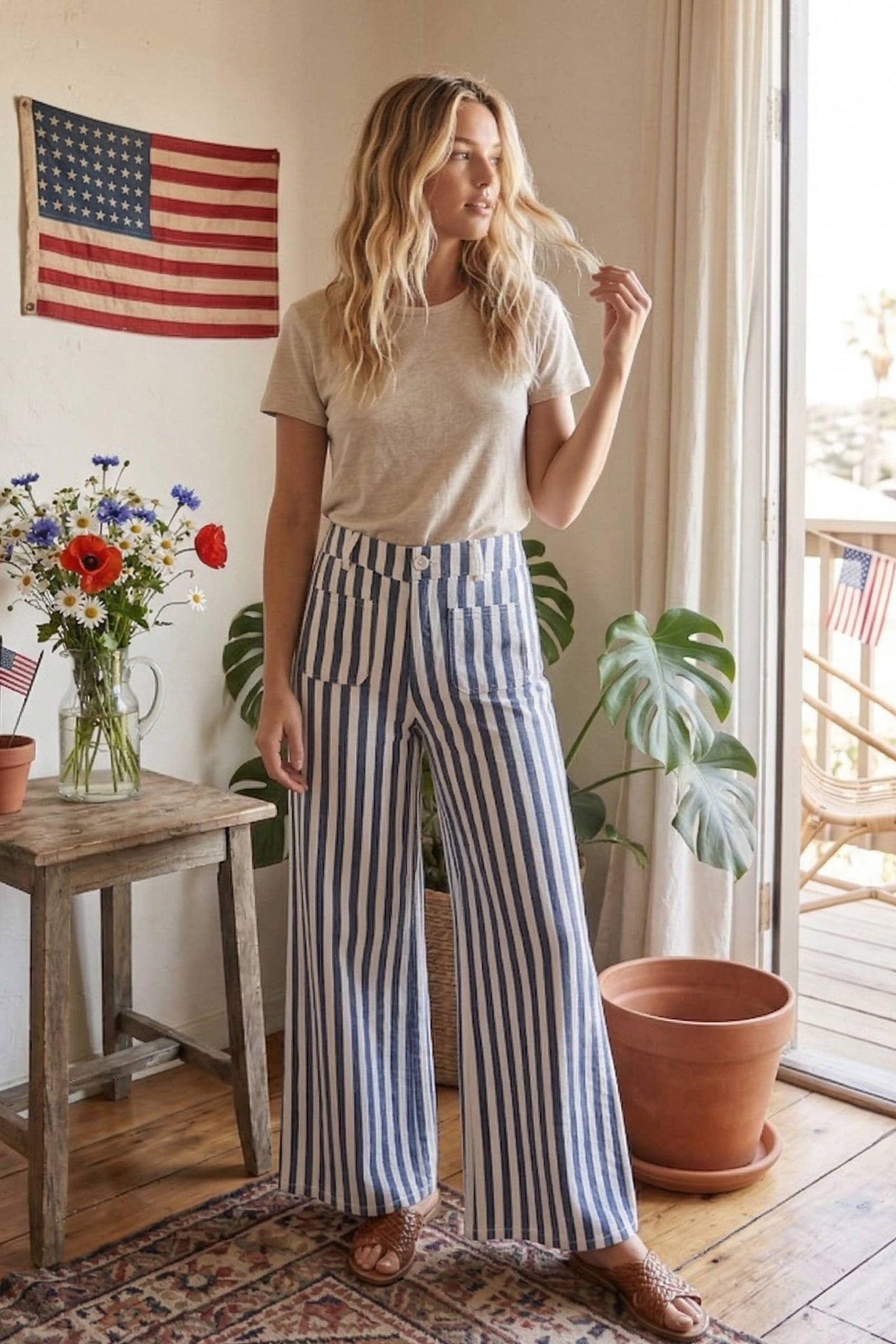 Striped Non Stretch Wide Leg Denim Pants