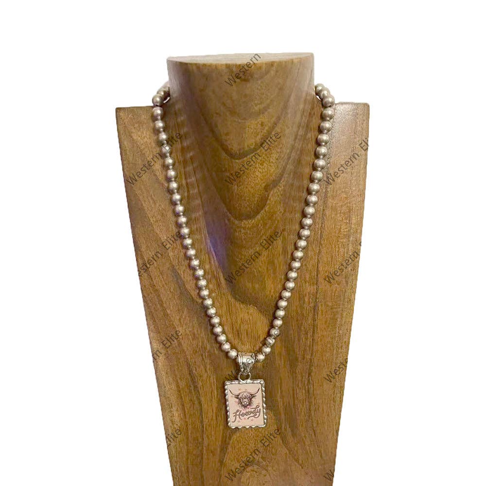 22.5‘’ L 8mm metal Navajo pearl beads necklace with RODEO Cowboy picture Pendent