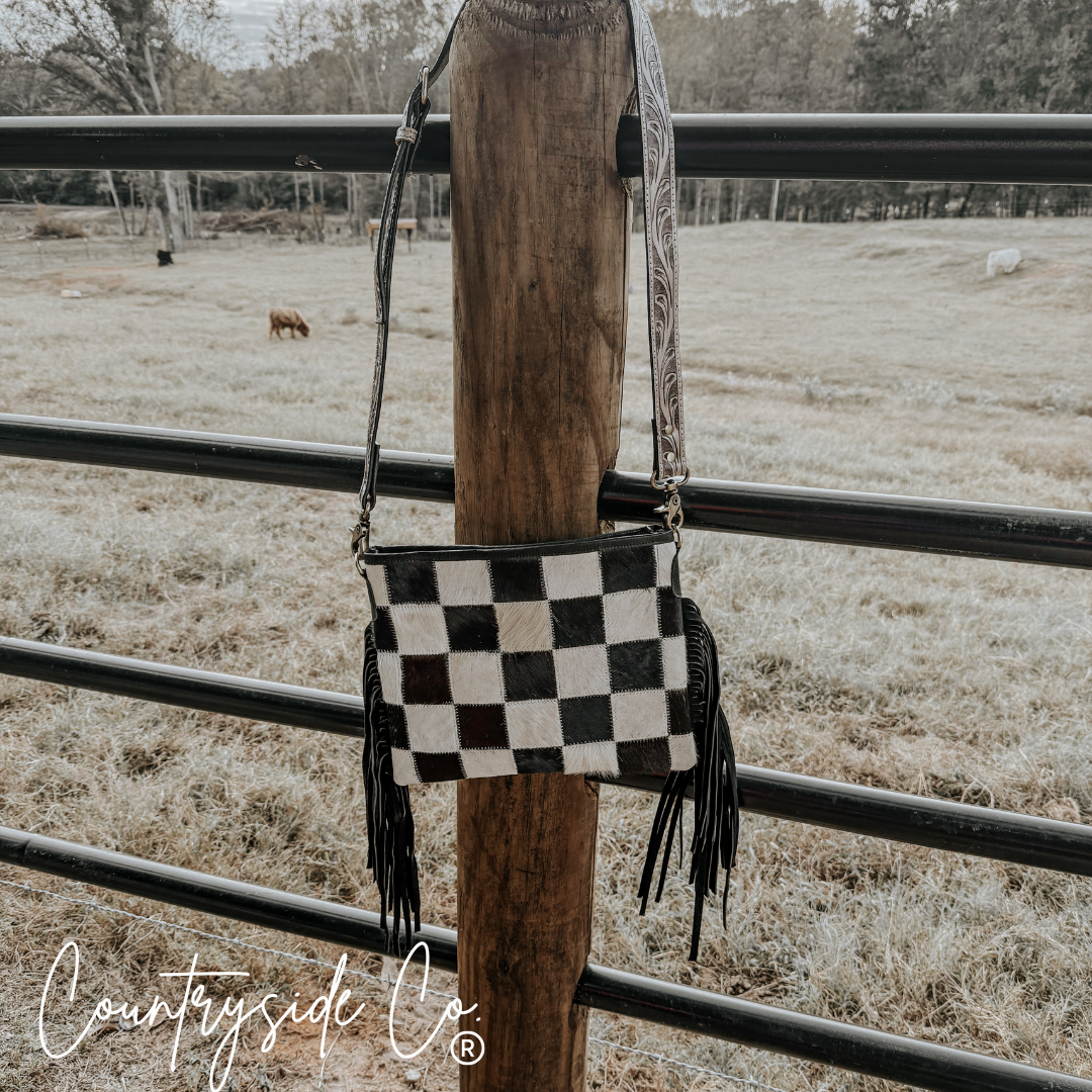 Rodeo Square Cowhide Checkered Purse