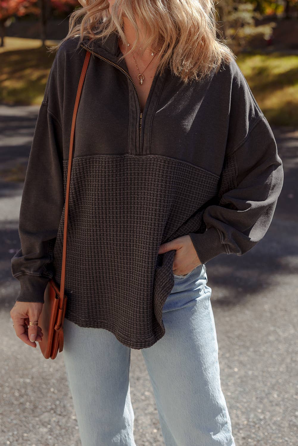 Waffle Knit Patchwork Half Zipped Casual Sweatshirt: Carbon Grey