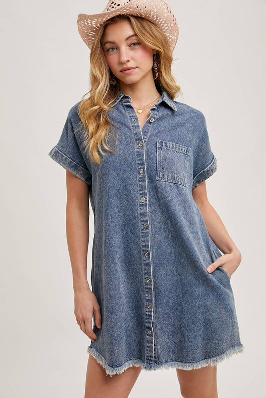 FRAYED HEM DENIM SHIRT DRESS