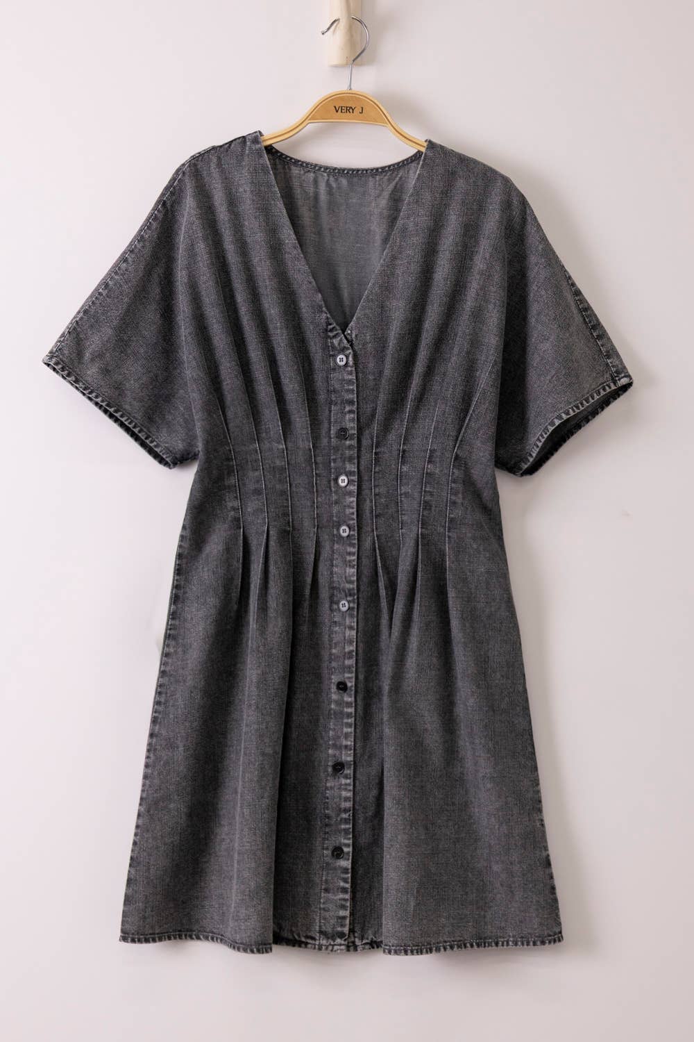 Pintuck Detail Mineral Washed Chambray Mini Dress