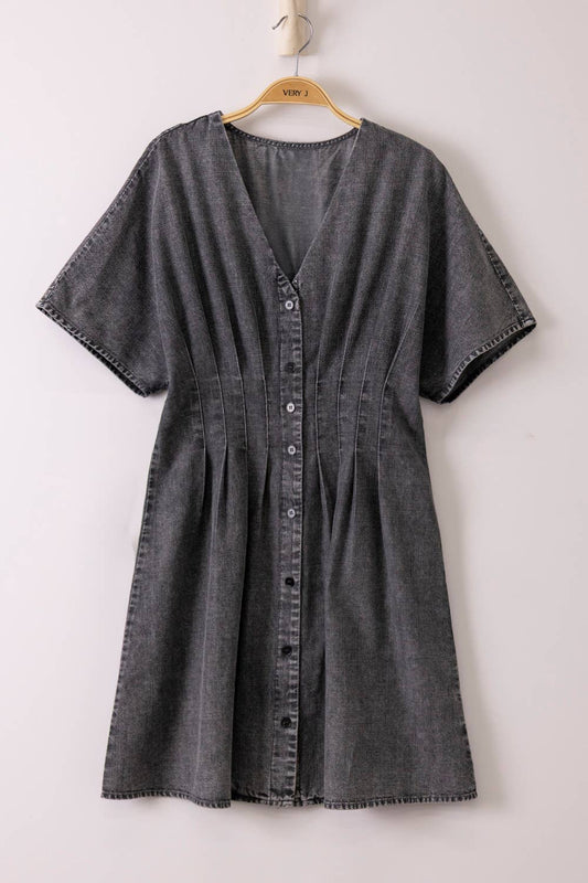 Pintuck Detail Mineral Washed Chambray Mini Dress