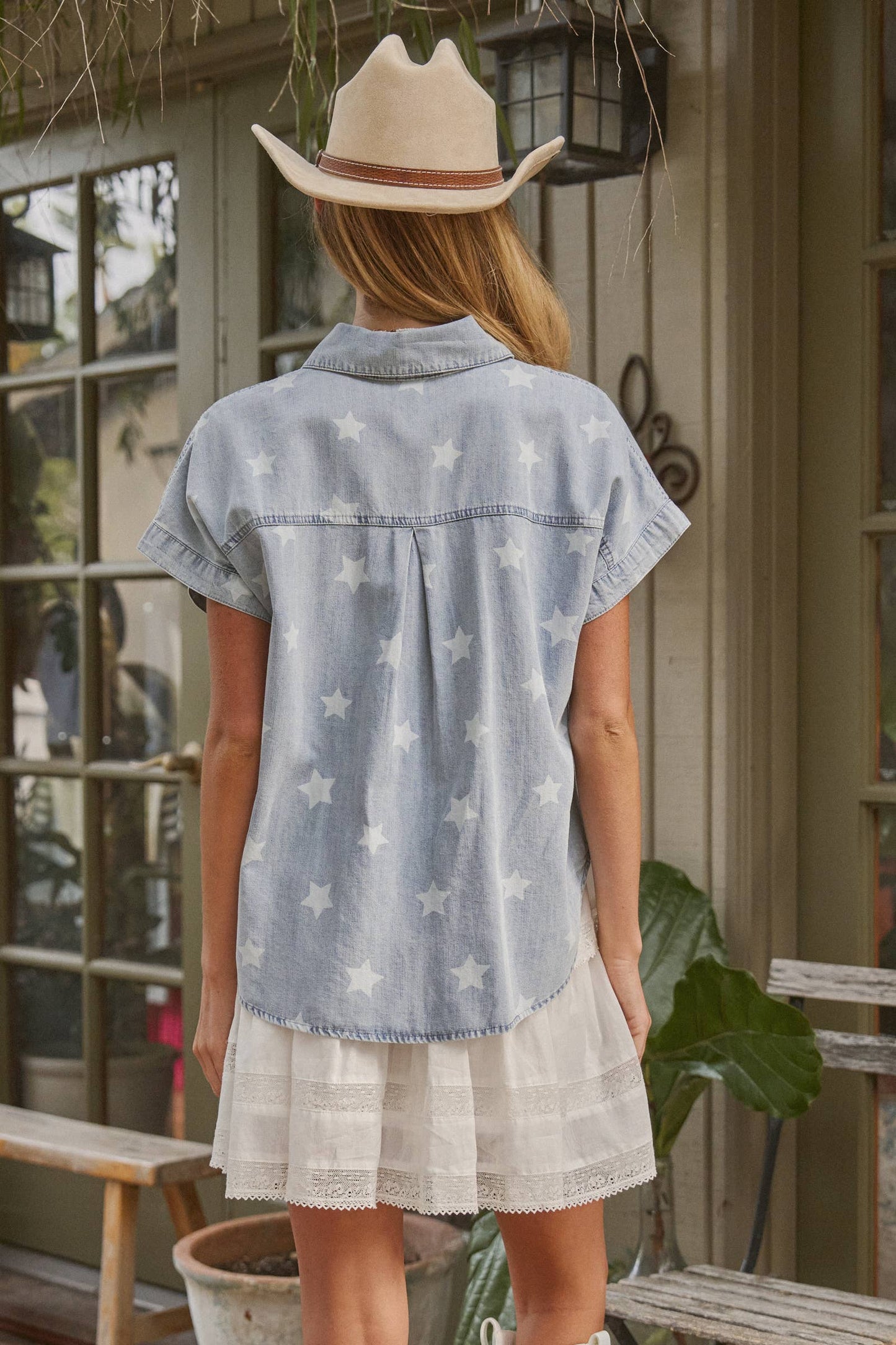 Star Print Chambray Short Sleeve Button Down