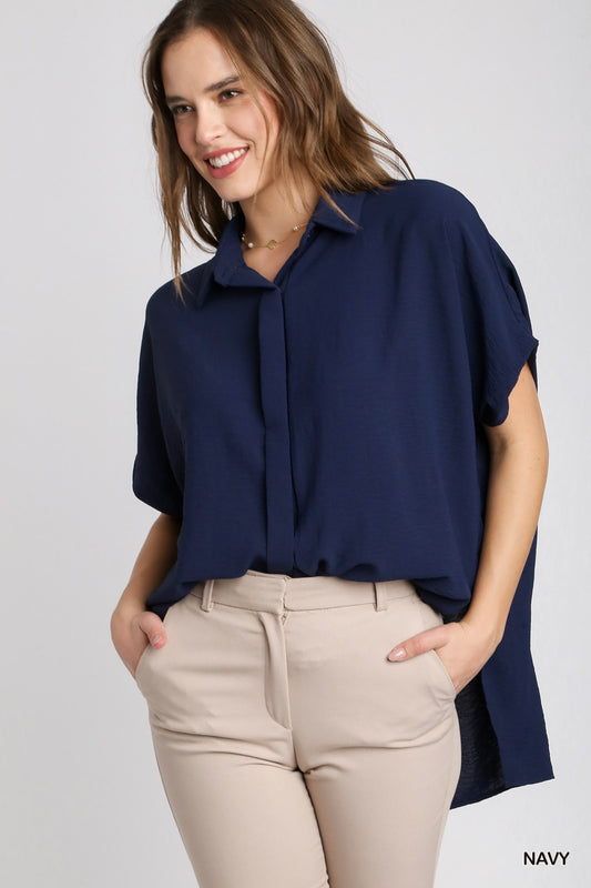 Navy Oversized Dolman Button-Up Blouse