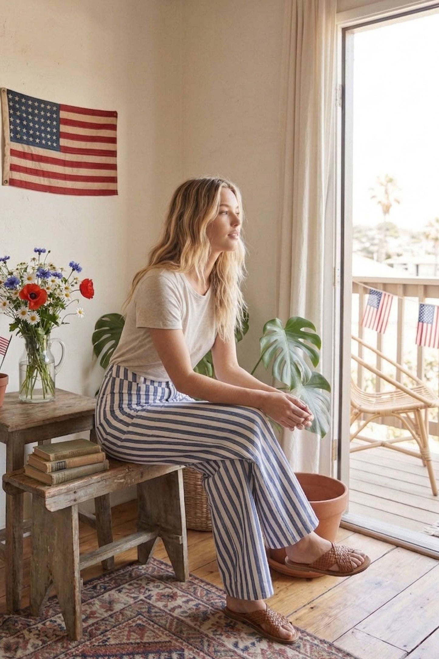 Striped Non Stretch Wide Leg Denim Pants