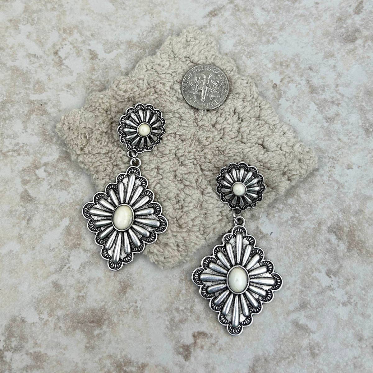 Silver Dangle Earrings with White Stone Concho