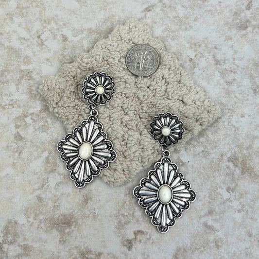 Silver Dangle Earrings with White Stone Concho