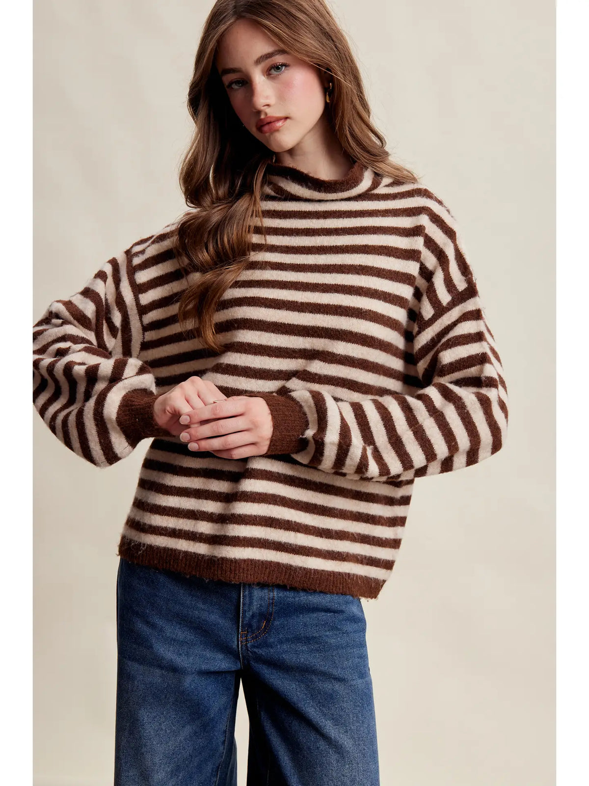 Striped Mock Neck Knit Sweater - Mocha