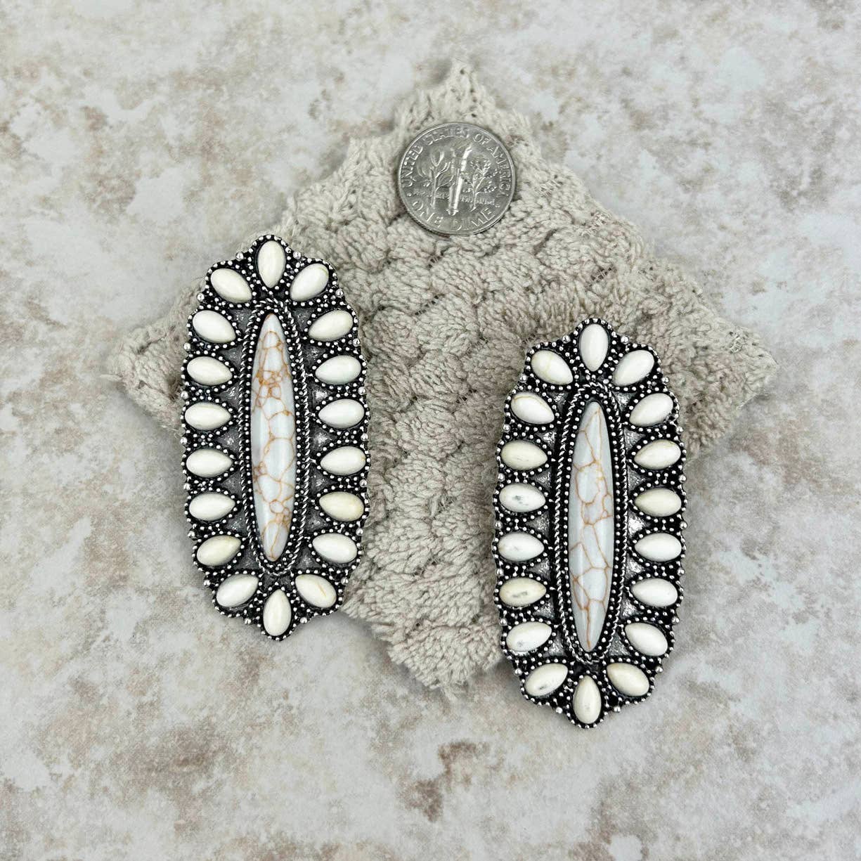 Silver Oval Concho Post Dangle Earrings with White Stones