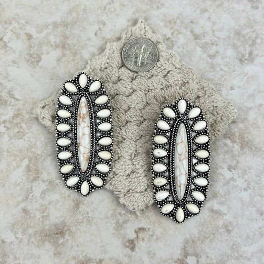 Silver Oval Concho Post Dangle Earrings with White Stones