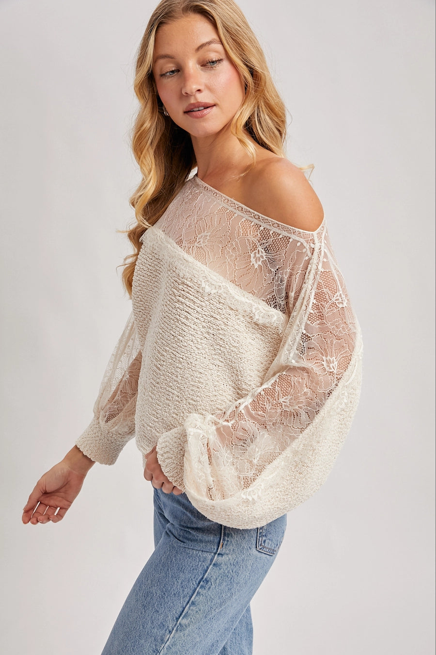 Boat Neck Lace Trimmed Knit Sweater Pullover