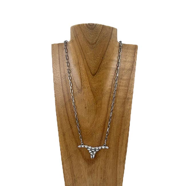 BLUE 24'' Silver metal chain with blue longhorn pendent Necklace: White