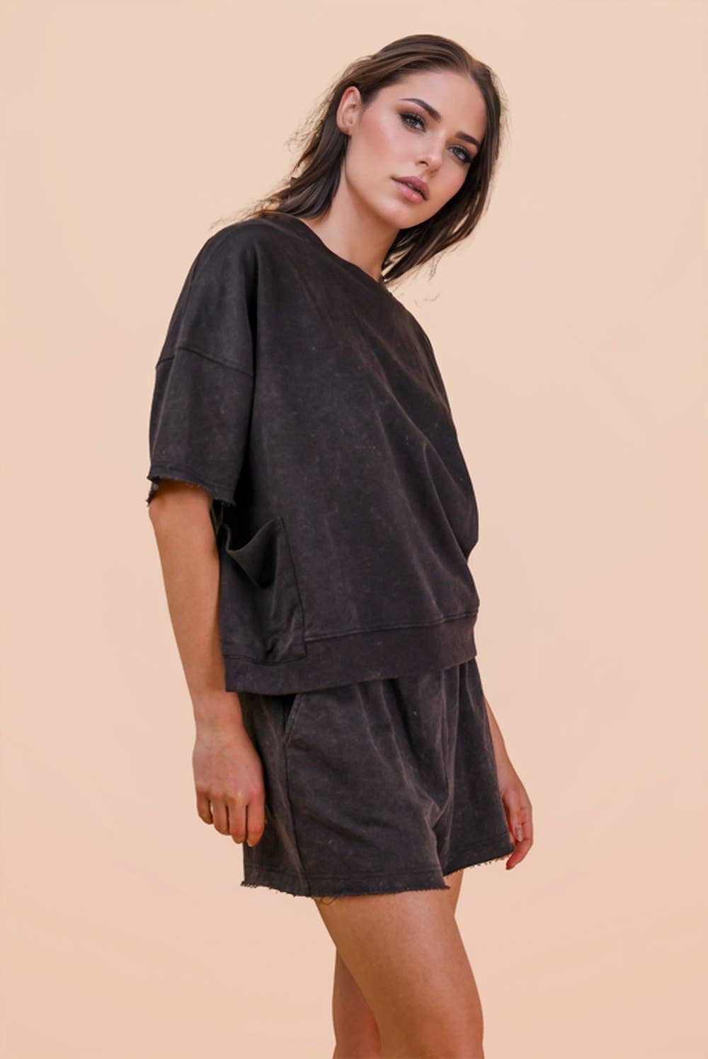PLUS SIZE Mineral Washed Knit Casual Top & Shorts: BLACK