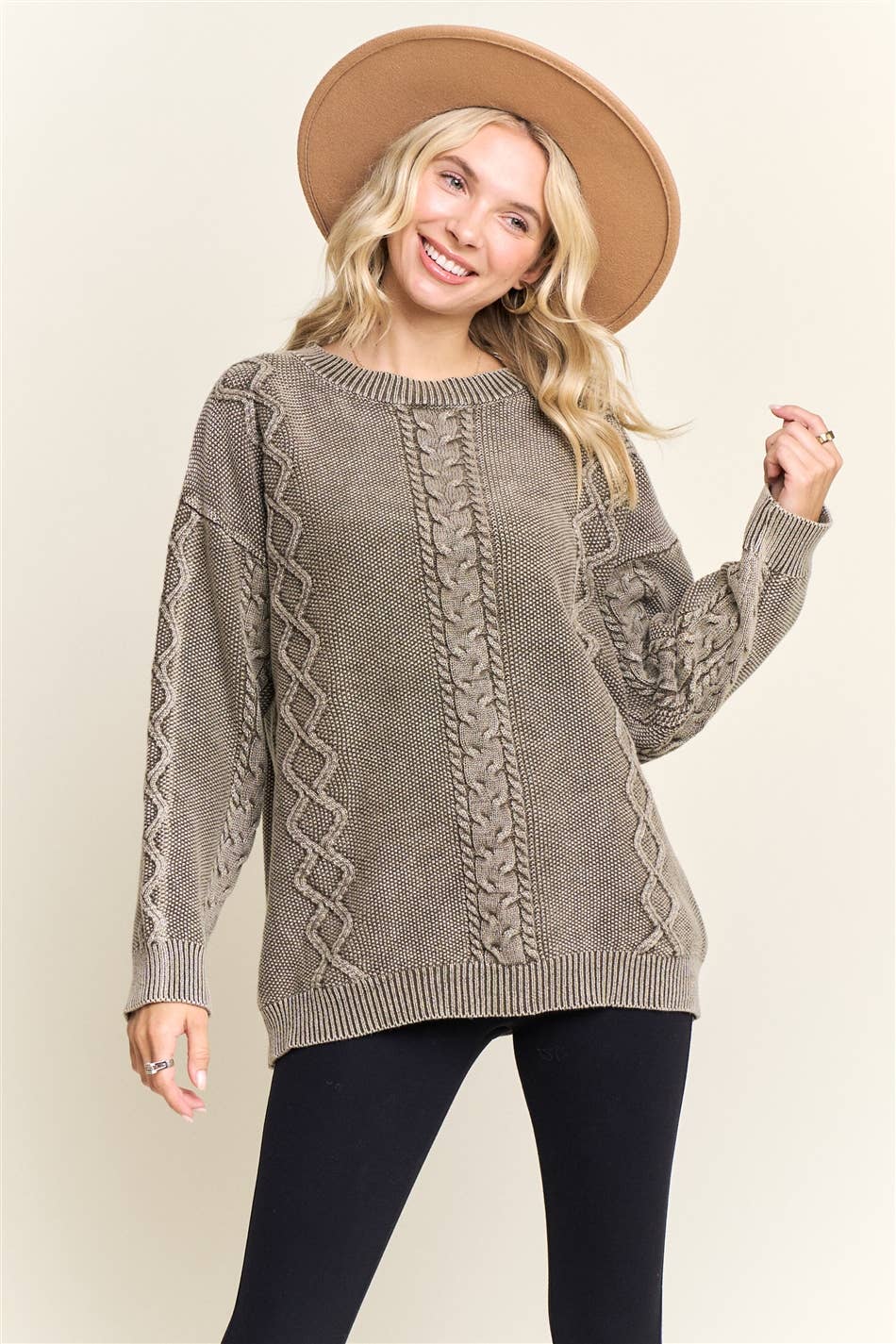 COFFEE VINTAGE WASH CABLE KNIT PULLOVER SWEATER