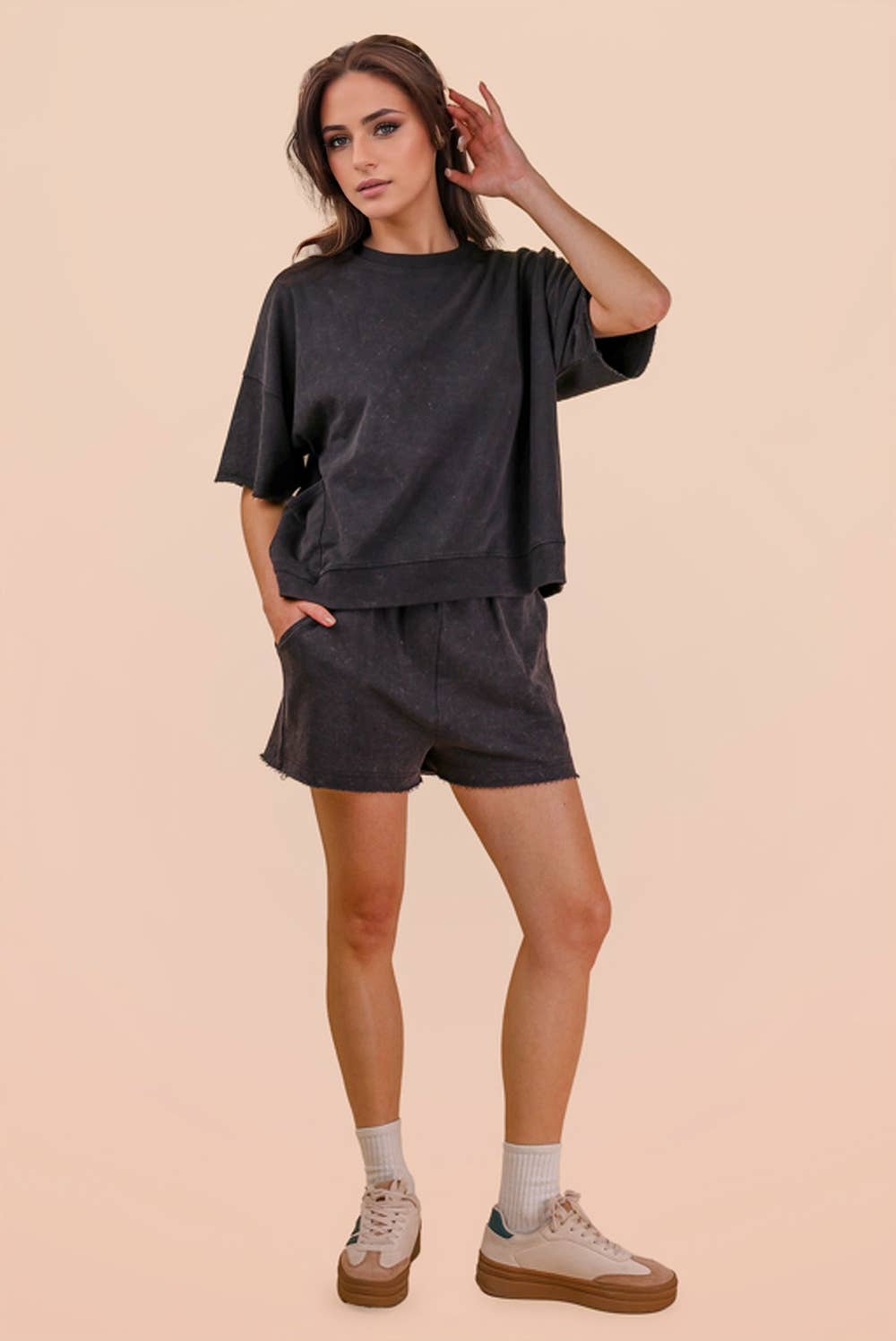 Mineral Washed Knit Casual Top & Shorts
