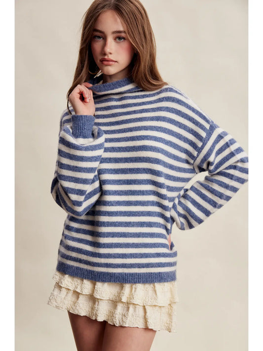 Striped Mock Neck Knit Sweater - Blue