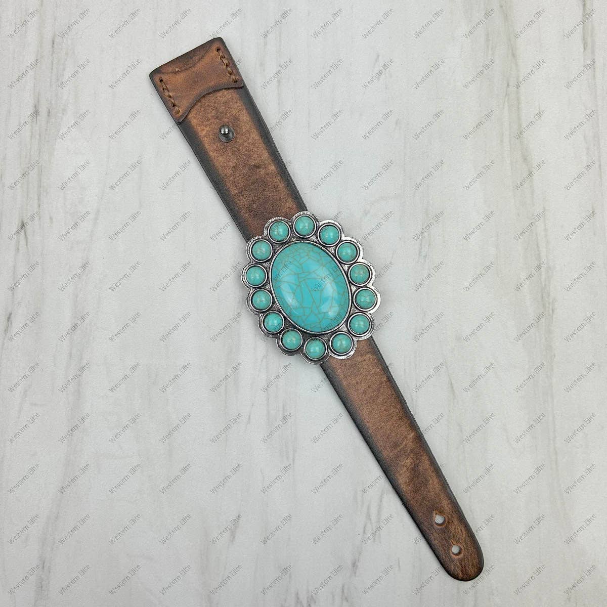 Brown leather with large turquoise or white stone oval concho bracelet