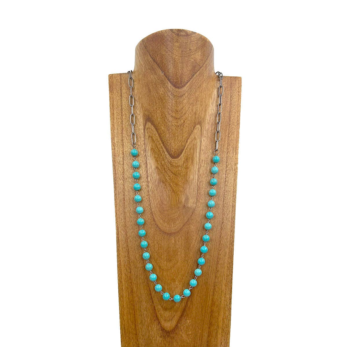 38''Silver metal chain with turquoise stone beads Necklace