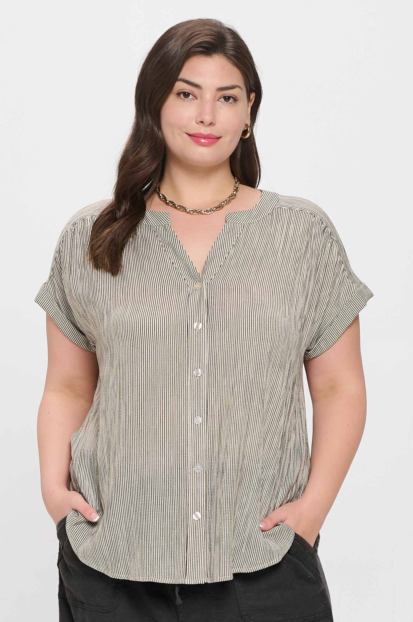 PLUS PINSTRIPE SHORT CUFF SLEEVE SHIRT IVORY