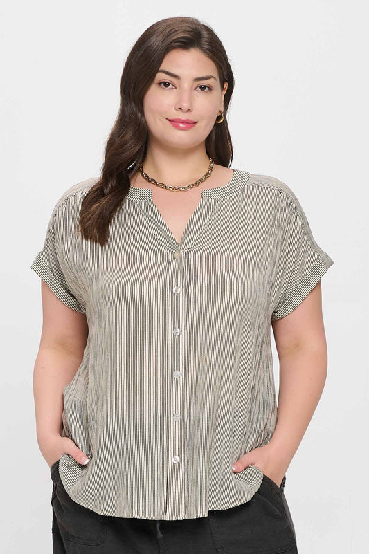 PLUS PINSTRIPE SHORT CUFF SLEEVE SHIRT IVORY
