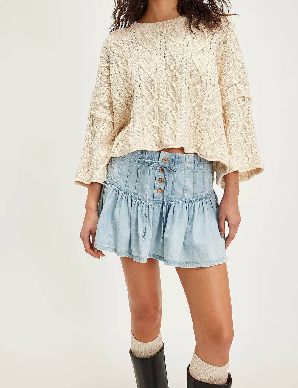 High-Waist Casual Denim Pleated Mini Skirt