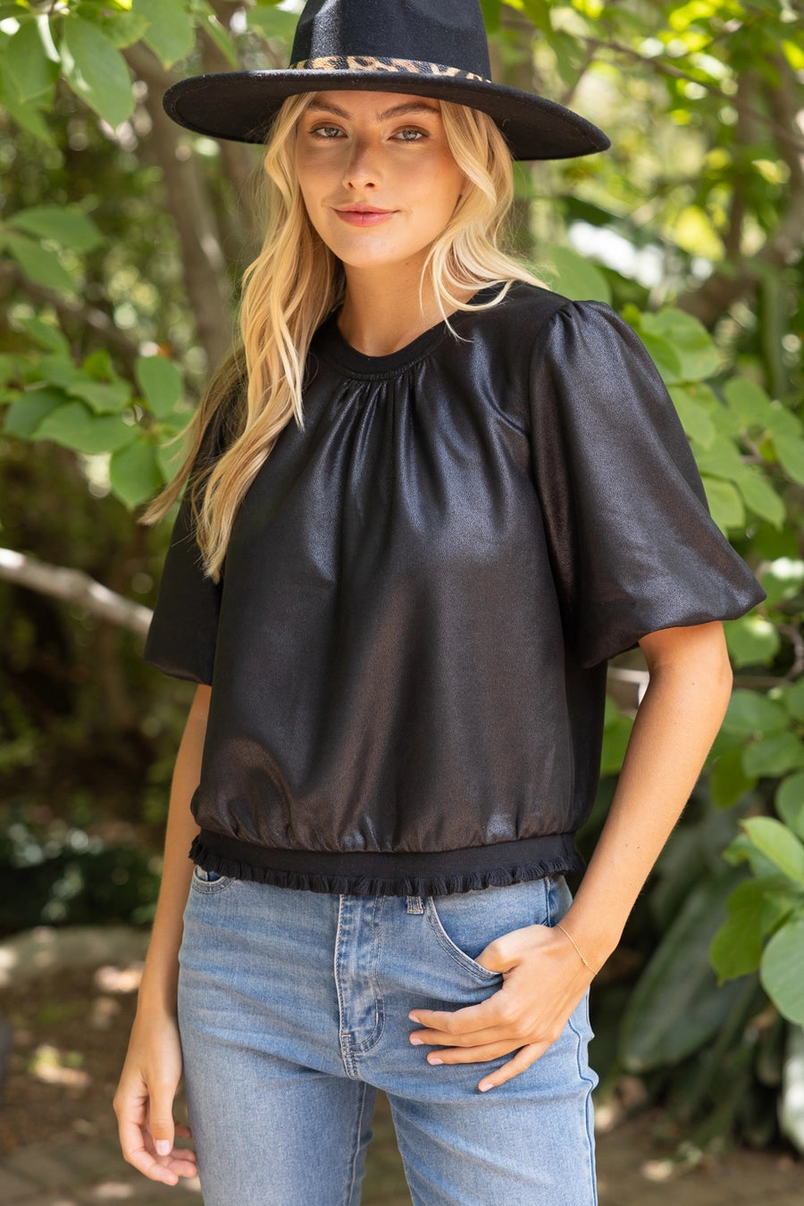 Ribbed Knit Band Solid Black Faux Leather Top