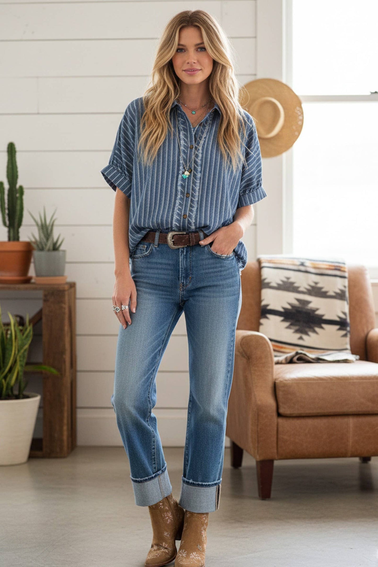 Mineral washed Striped Button Down Top