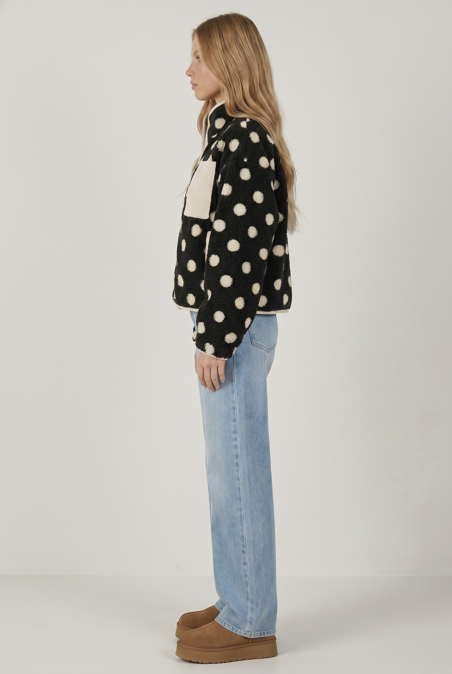 OVERSIZED REGLAN SLEEVE POLKA DOT FLEECE JACKET