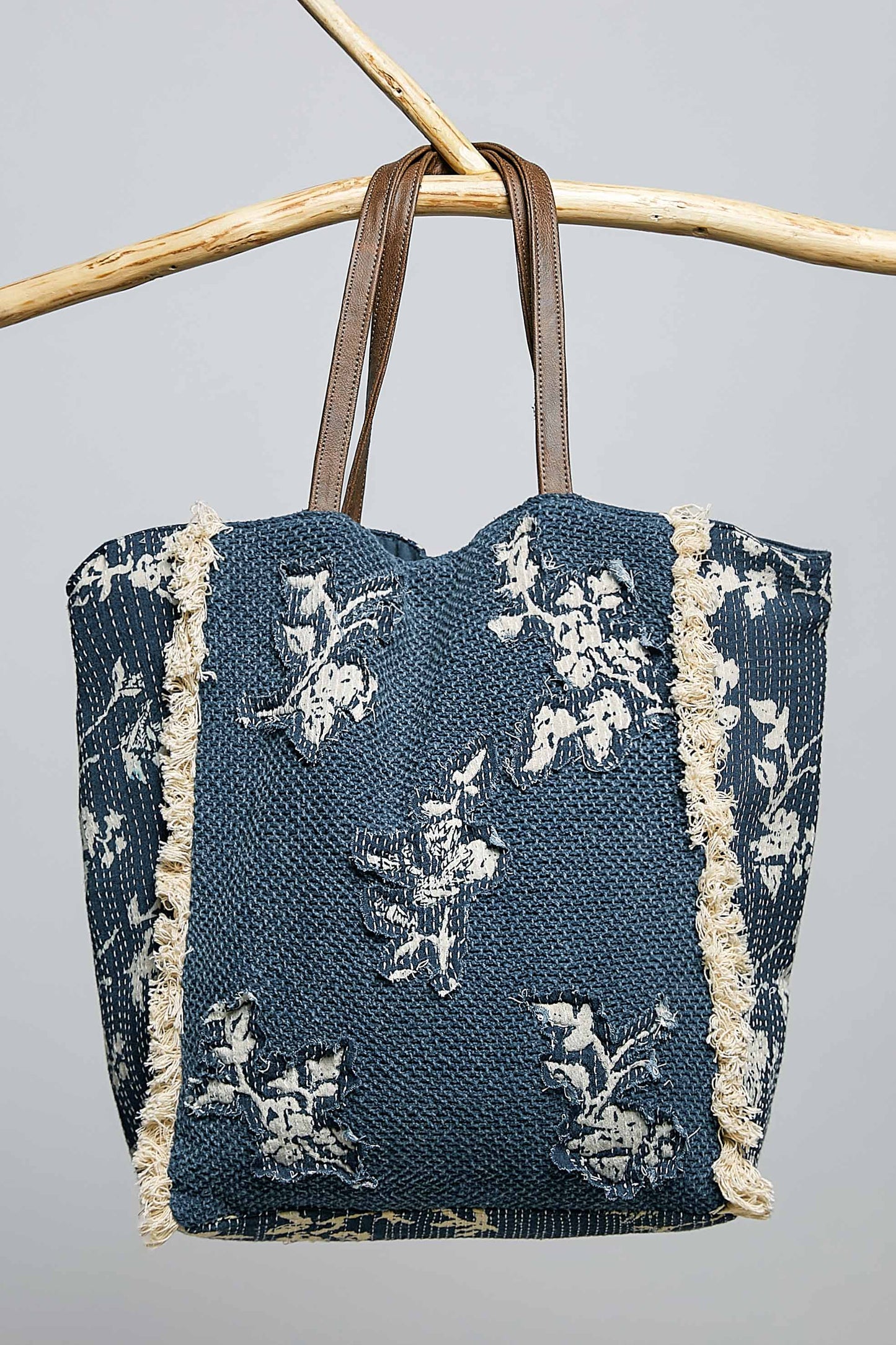 Contrast Trim Textured Woven Denim Tote Bag