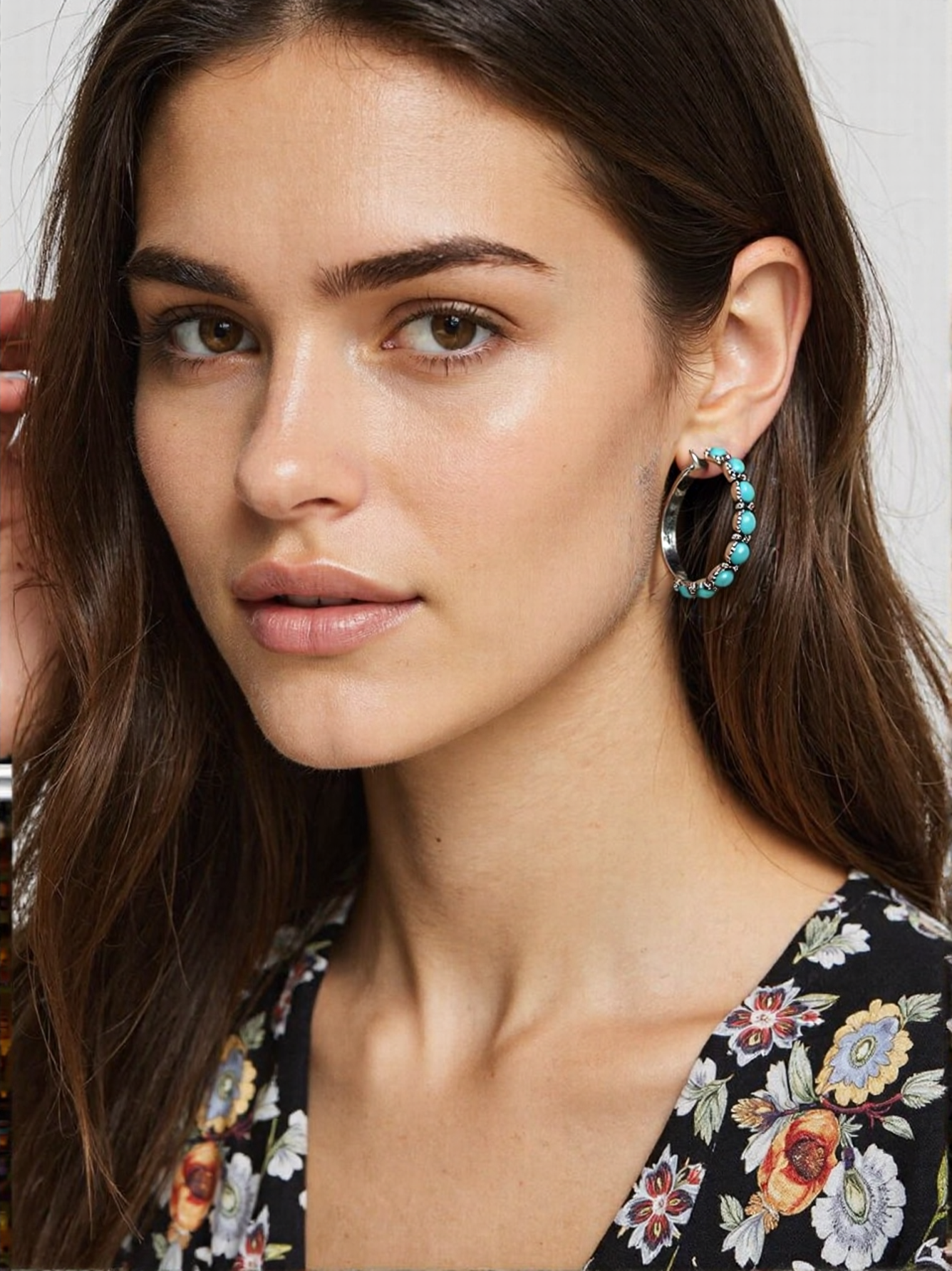 Blue Silver turquoise stone concho hoop earring
