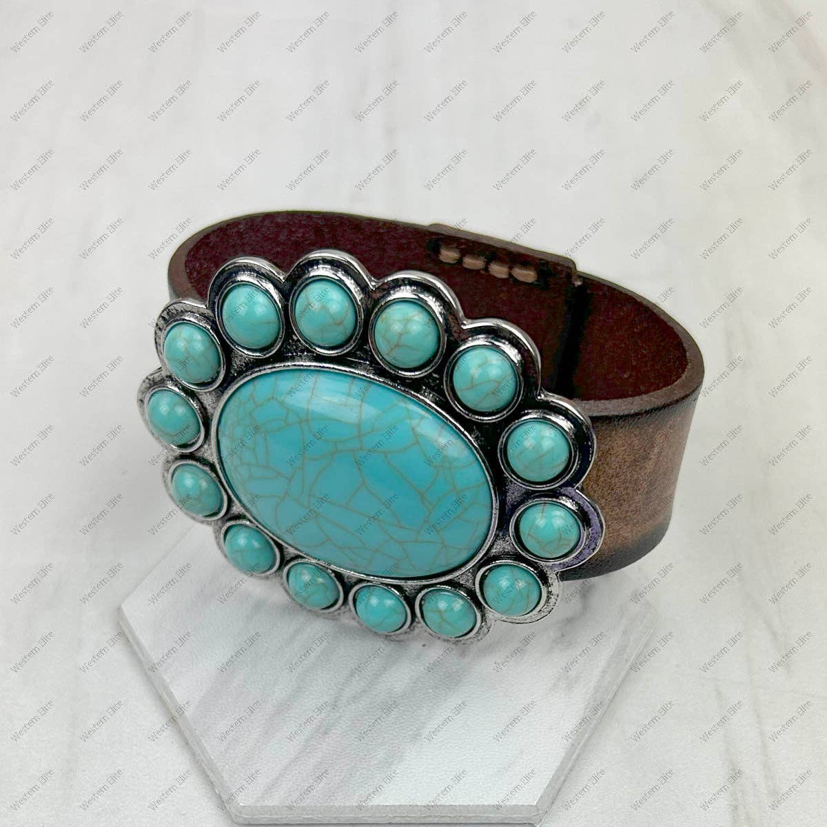 Brown leather with large turquoise or white stone oval concho bracelet