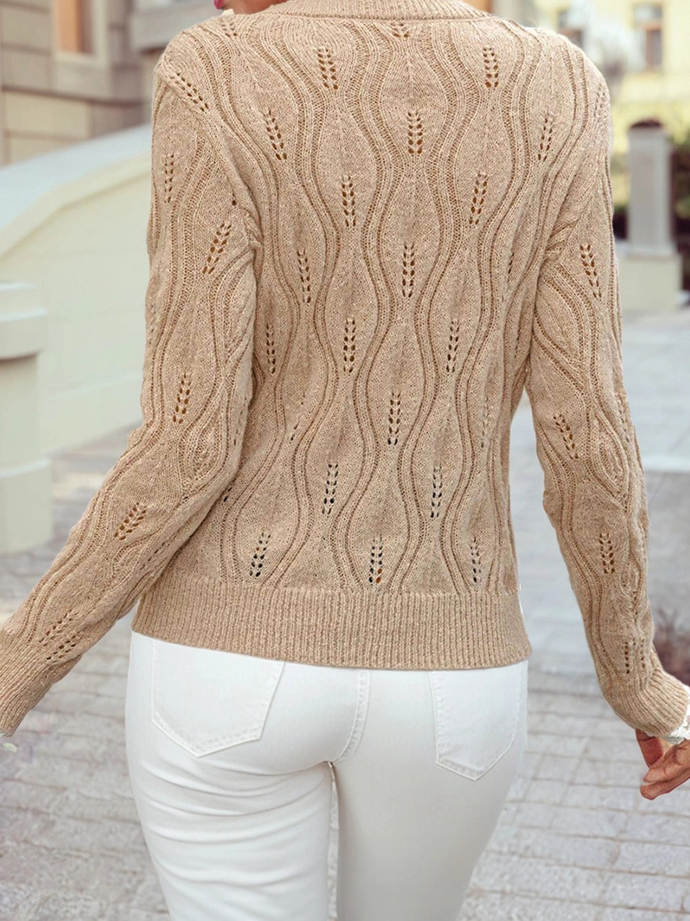 Pearl Beaded Pointelle Knit V Neck Lace Sweater
