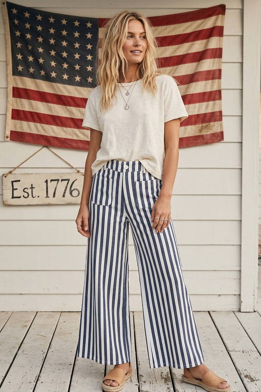 Striped Non Stretch Wide Leg Denim Pants
