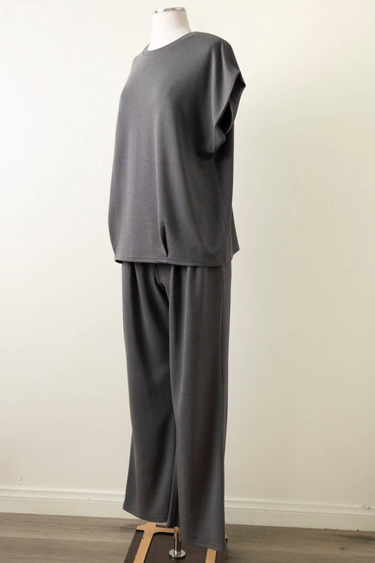 Solid Knit Comfy Top & Pants Set Color Charcoal