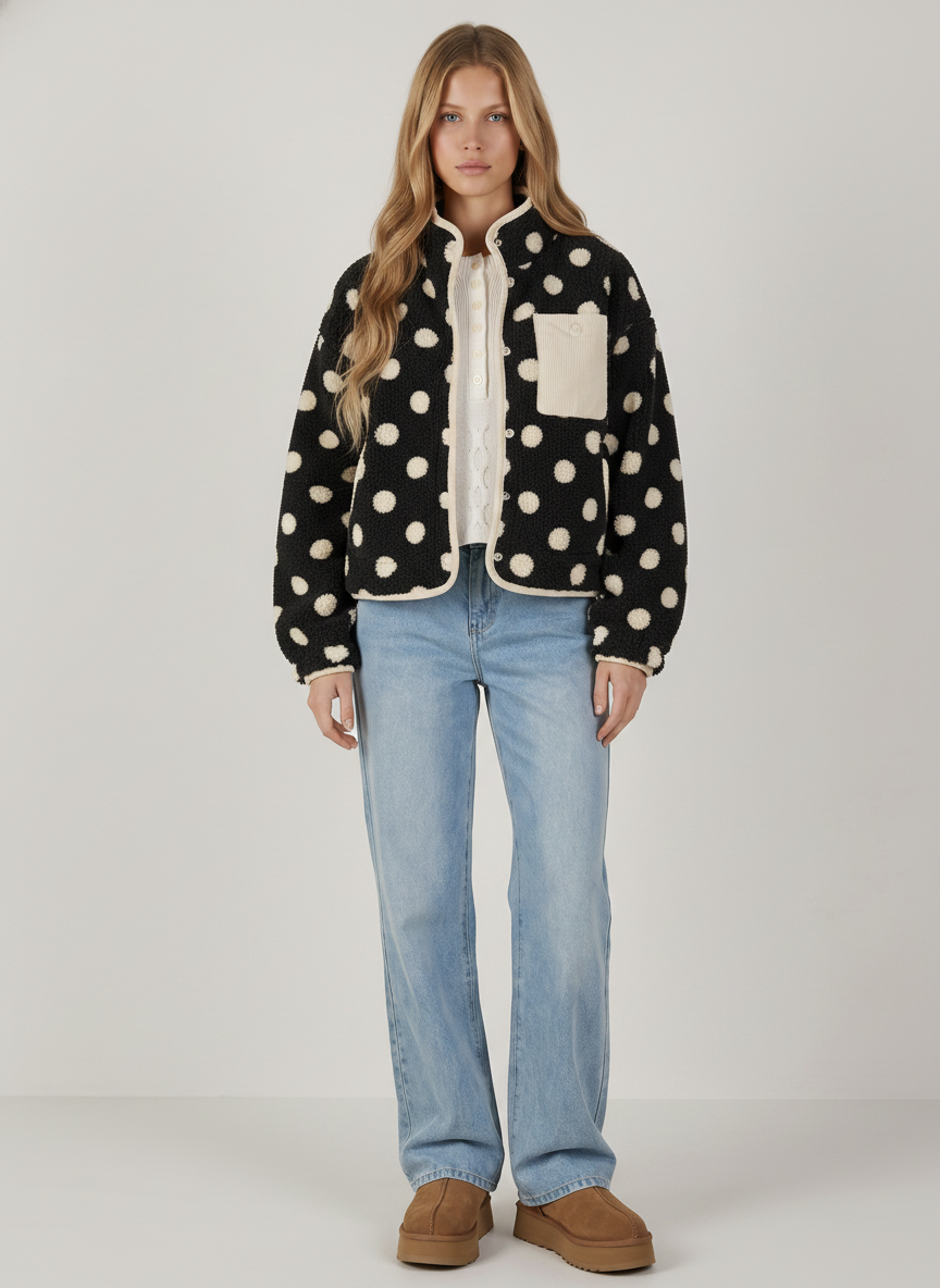 OVERSIZED REGLAN SLEEVE POLKA DOT FLEECE JACKET