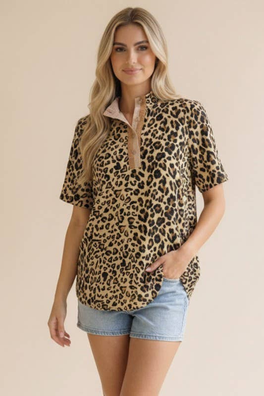 Mock Neck Half Band Button Down Leopard Top