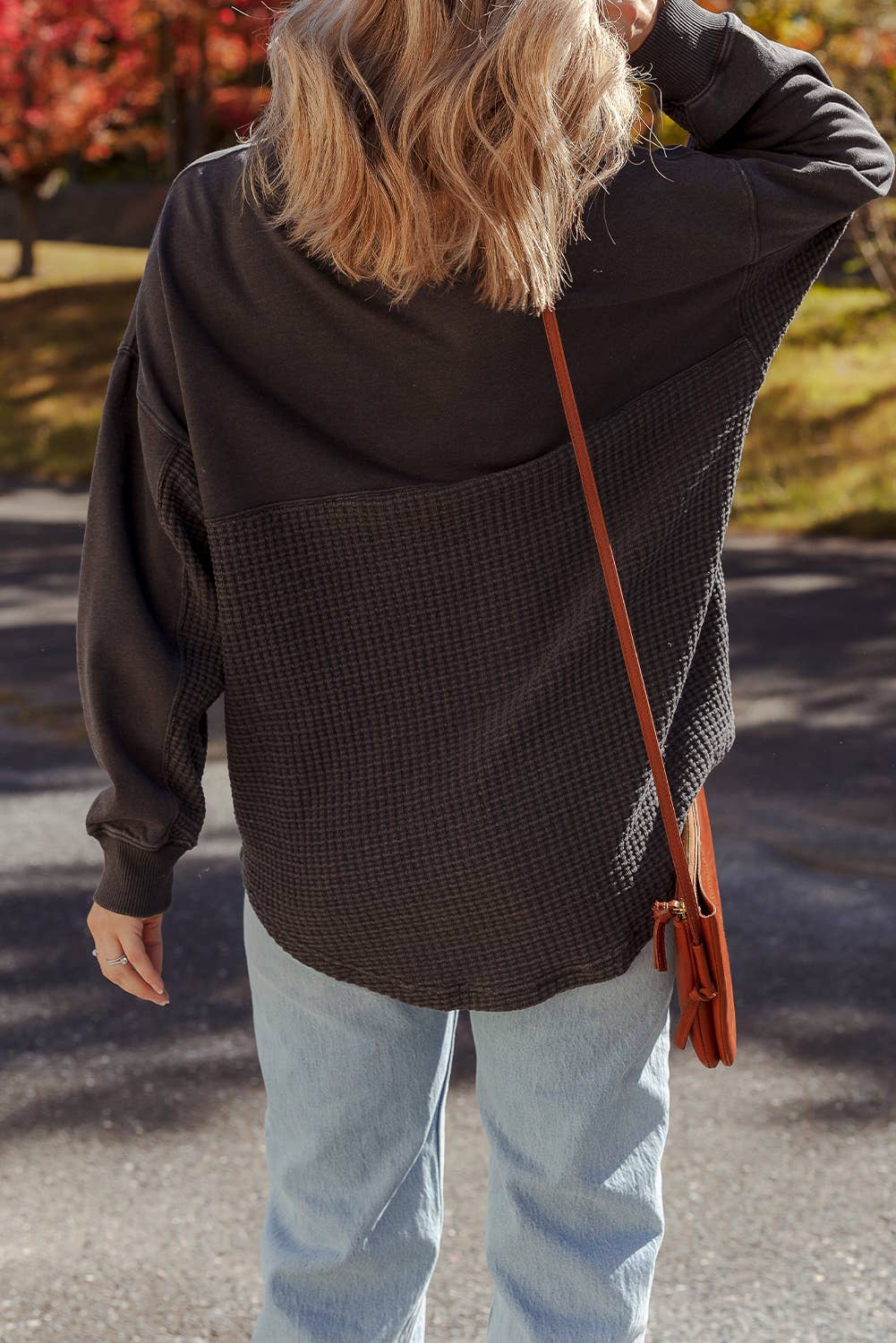 Waffle Knit Patchwork Half Zipped Casual Sweatshirt: Carbon Grey