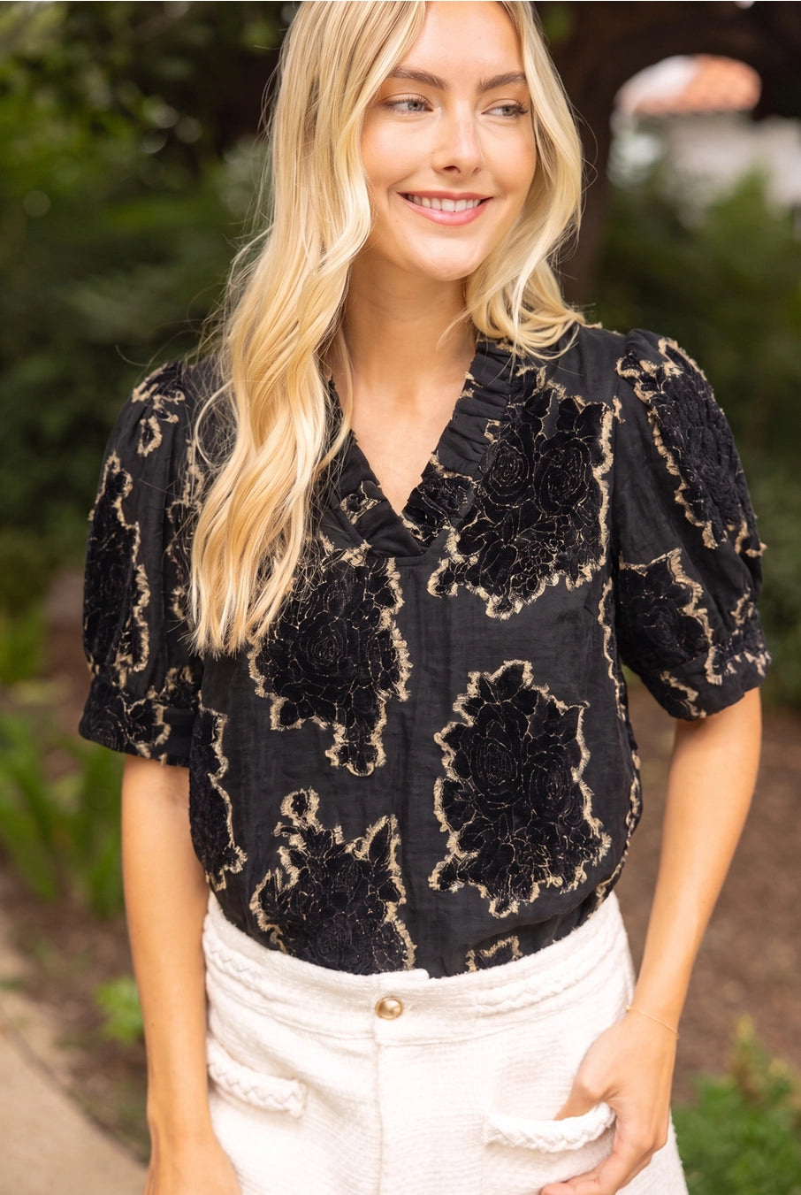 Ruffled V-Neck Textured Burnout Velvet Top
