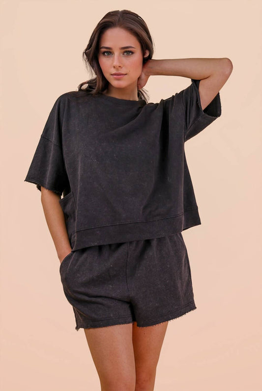 PLUS SIZE Mineral Washed Knit Casual Top & Shorts: BLACK