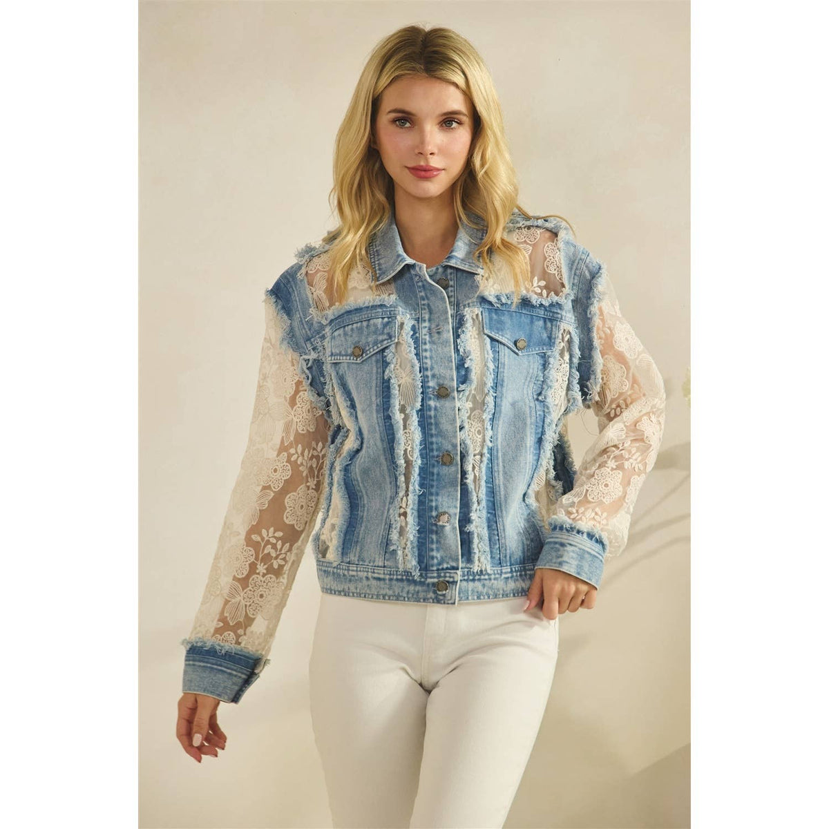Denim Jacket with Floral Organza Inset