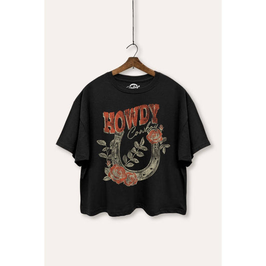 HOWDY COWBOY HORSESHOE GRAPHIC BOXY CROP TOP