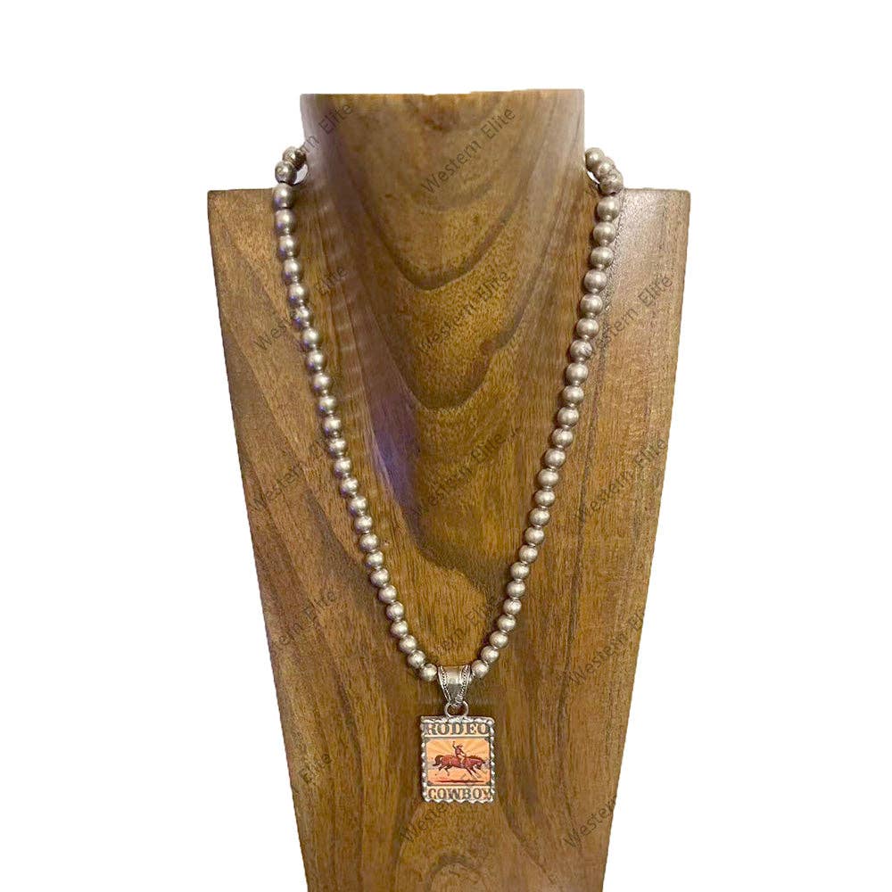 22.5‘’ L 8mm metal Navajo pearl beads necklace with RODEO Cowboy picture Pendent