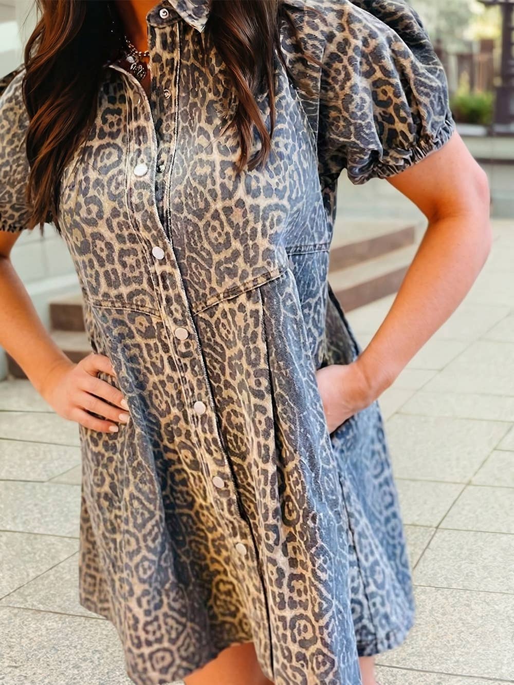 Leopard Print Short Sleeve Pleated Denim Mini Dress