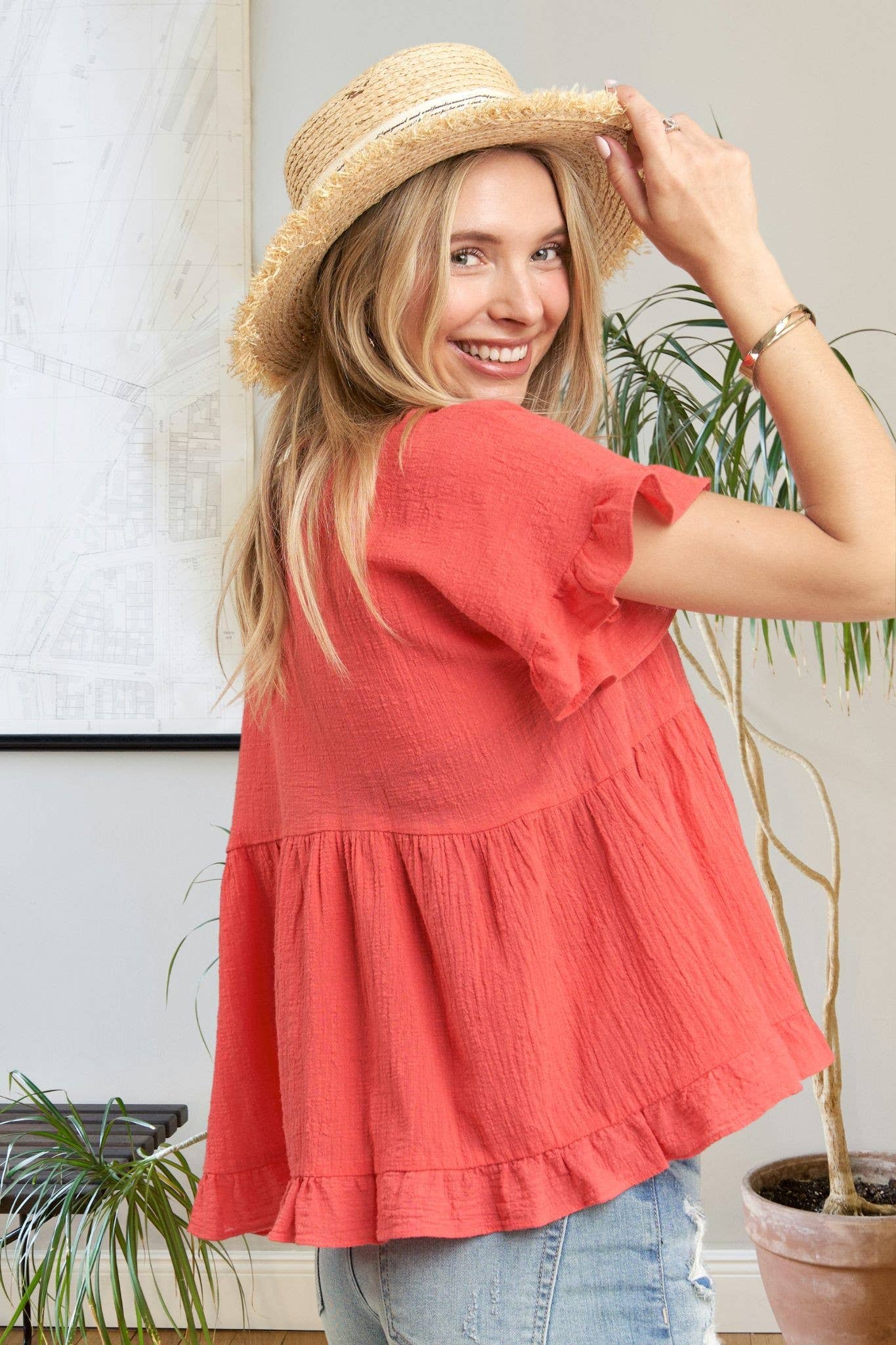 BUTTON DOWN BLOUSE CORAL