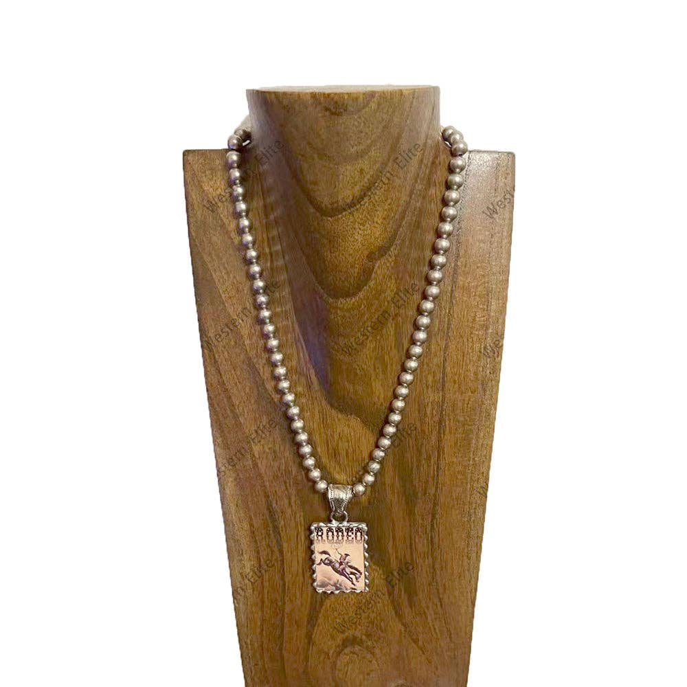 22.5‘’ L 8mm metal Navajo pearl beads necklace with RODEO Cowboy picture Pendent