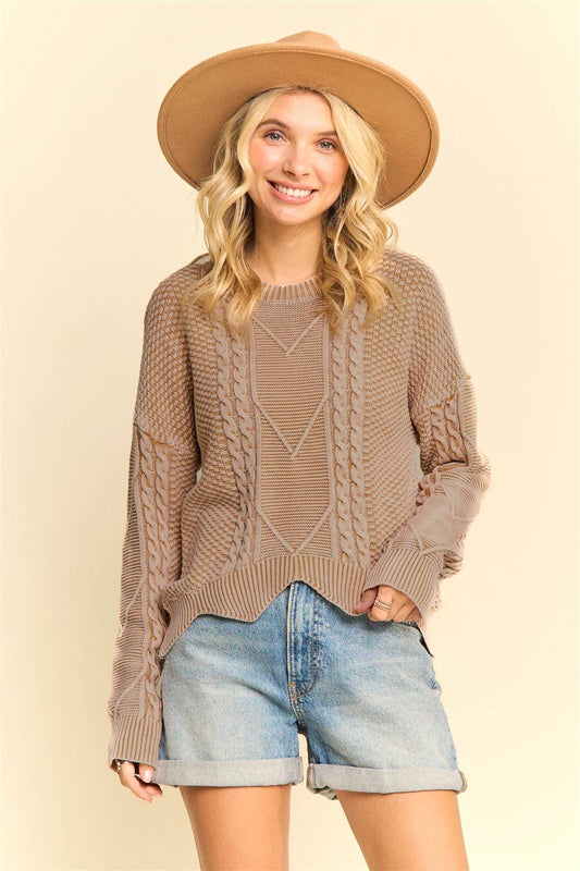 KHAKI TEXTURED CABLE KNIT CREW NECK SWEATER