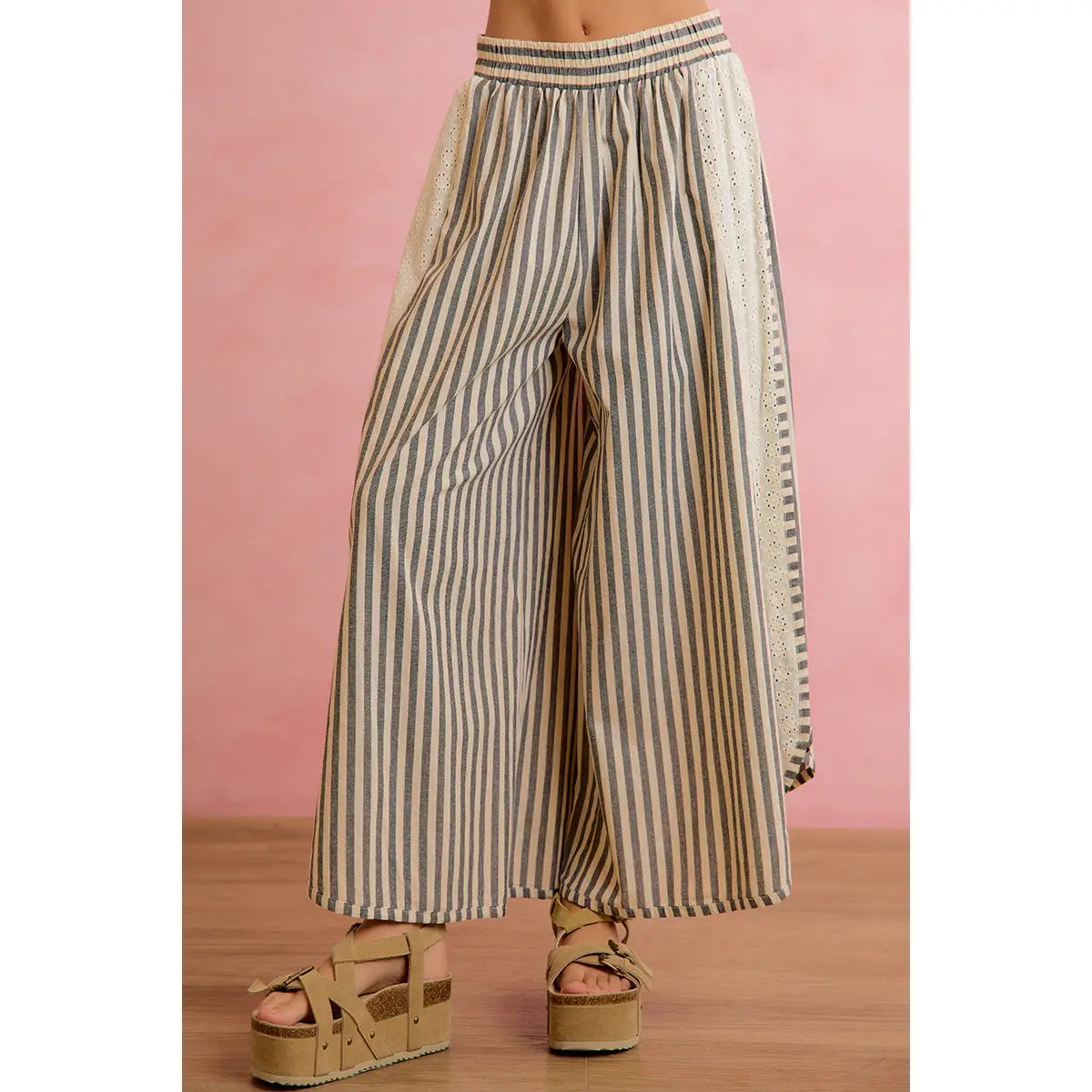Floral Eyelet Side Elastic Stripes Wide Leg Pants