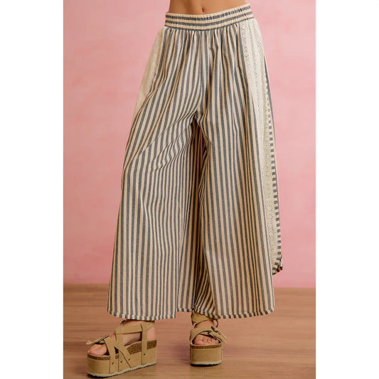Floral Eyelet Side Elastic Stripes Wide Leg Pants